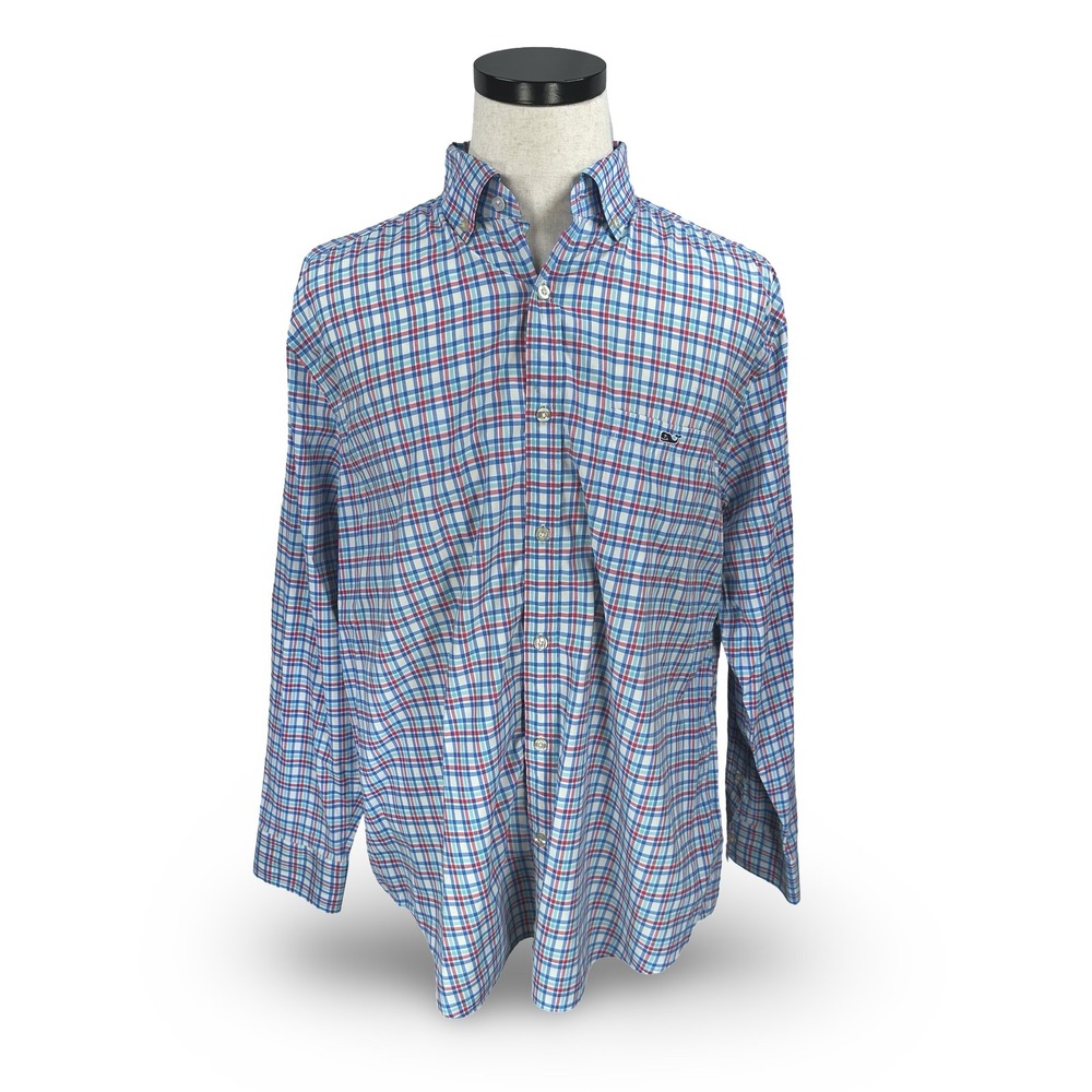 Vineyard Vines Performance Classic Fit Tucker Shirt Mens Blue Plaid Whale Logo L
